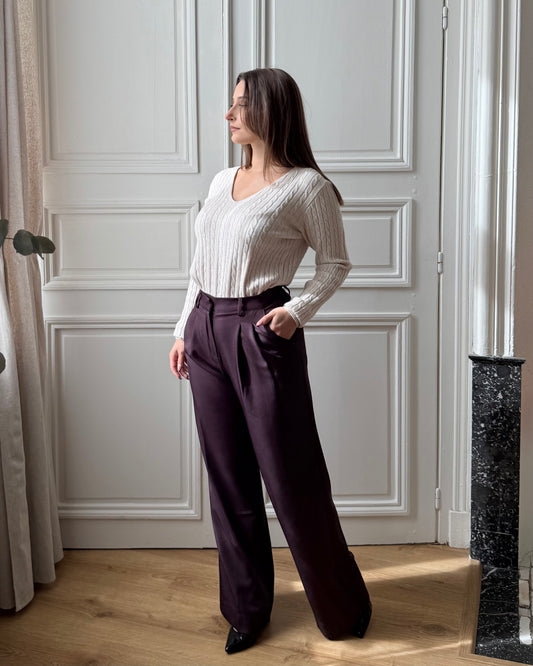 Pull torsadé col V beige