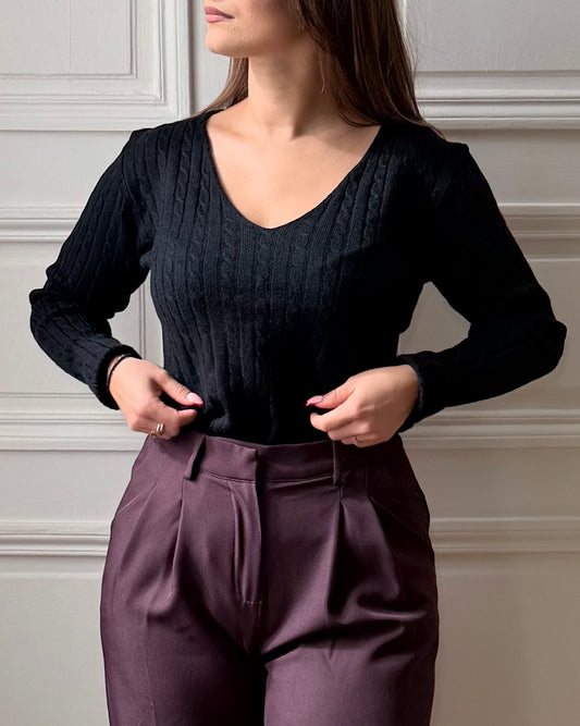 Pull torsadé coll V noir