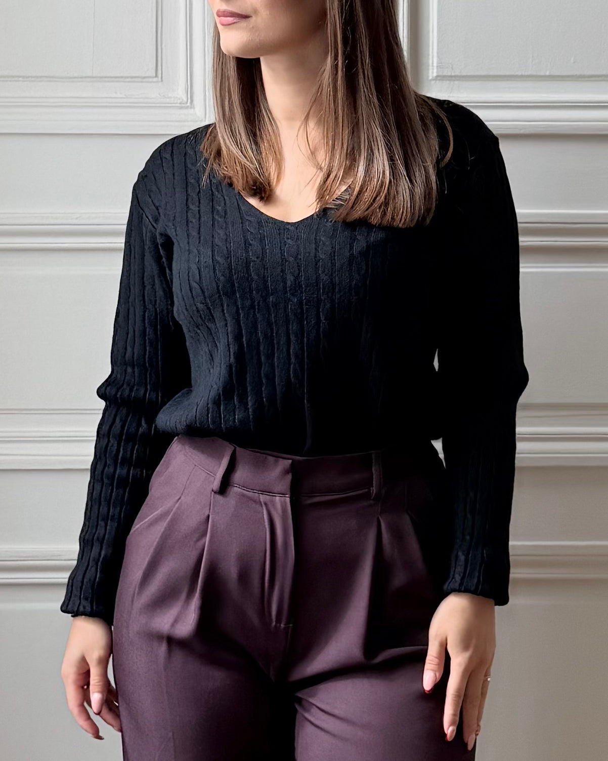 Pull torsadé coll V noir
