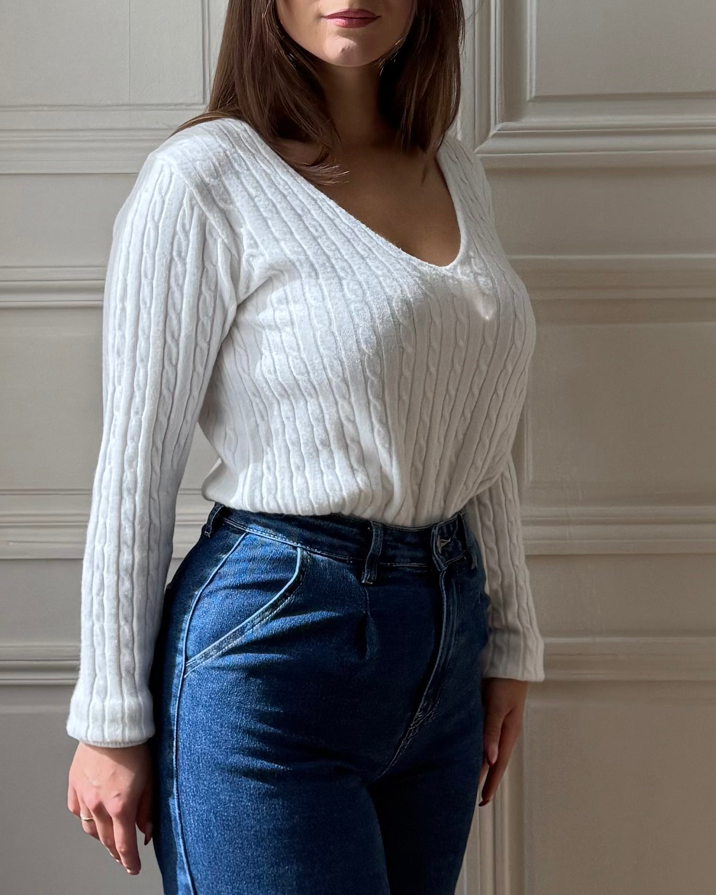 Pull torsadé col V blanc