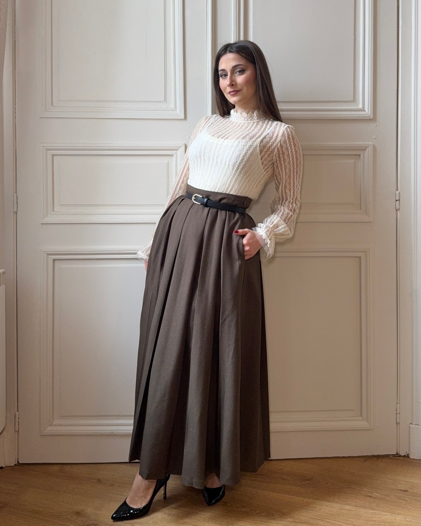 Jupe longue plissée kaki