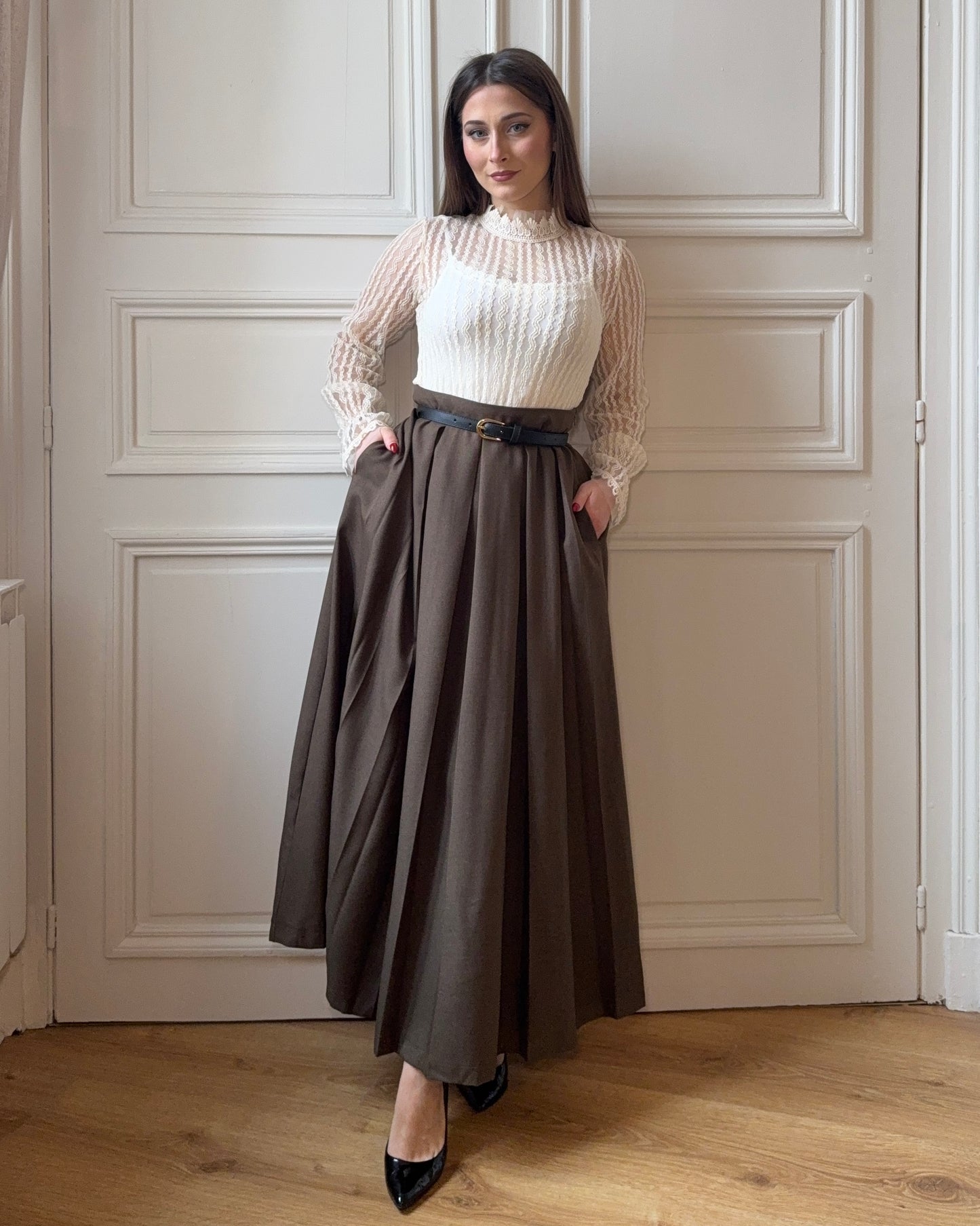 Jupe longue plissée kaki